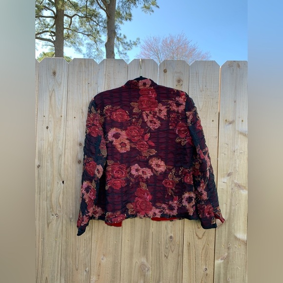 Coldwater Creek Floral Sheer-Overlay Open Front Jacket black‎ red petite medium - Picture 5 of 6